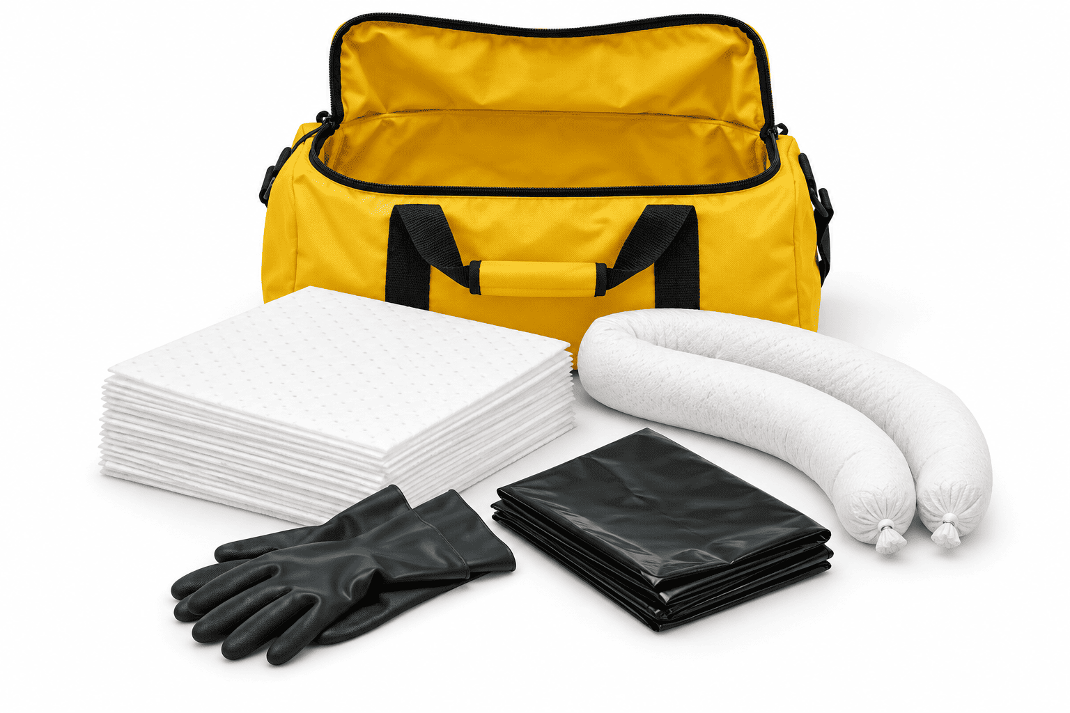 Ilustrasi spill kit portabel dalam tas, bukan foto model resmi